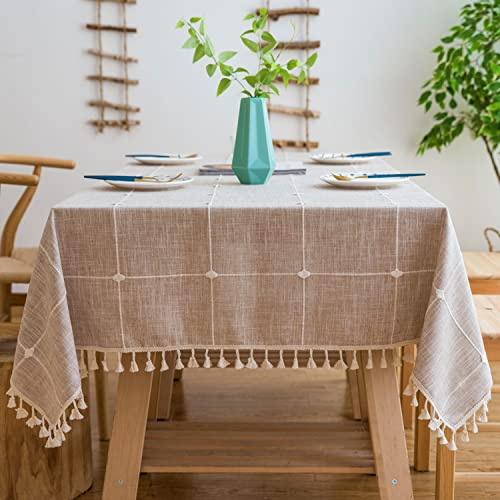 Pahajim Tovaglia Antimacchia Quadrata Tovaglia Cotone Lino Copritavolo Moderno Elegante Lavabile Tassel Design Decorazioni per il Tavolo della Cucina(Beige quadri,140x140cm)