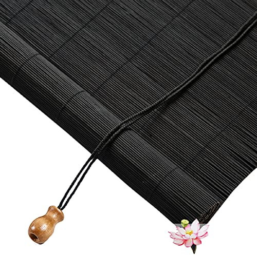 Natür Bambus Rollo Bambusrollo,Büro Seitenzug Fensterrollo,Holz Jalousine,Retro Raffrollo Faltrollo,lichtdurchlässig und verdunkelnd Wandmontage Sichtschutz,60% Blackout,Schwarz (W90xH100cm/36x39in)