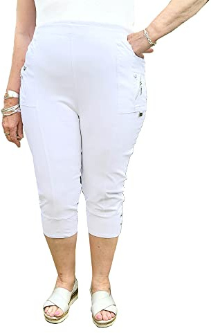 Caprice - Vera Tucci - Cropped 3/4 Length Womens Capri Trouser Elastic Waist (T7, White)