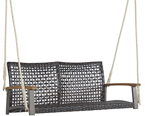 COSTWAY Banco Columpio de Exterior con 2 Asientos de Ratán PE, Respaldo Curvado y Reposabrazos de Madera de Acacia, Carga 360 kg para Pórtico Veranda Patio Jardín (sin cojin)