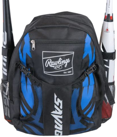 Rawlings Savage Youth Baseball Bag - Kids Bat Bag – Durable Baseball Backpack – Holds Two Bats – Includes Hook to Hang on Fence - Black/Royal