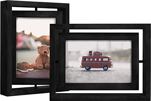 EGOFINE 2 Pack 6x4 Rotating Floating Picture Frames,Double-Sided Display with HD Glass Front Wooden Distressed Frame for Vertical or Horizontal Tabletop Display, Black