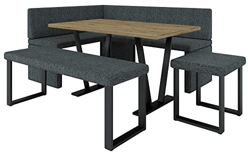 Eckbank Akiko Metal mit Tisch und Bänken - Eckbankgruppe für Ihrem Esszimmer, Küche modern, Sitzecke, Essecke. Perfekt für Küche, Büro und Rezeption. Solide Verarbeitung (INARI 96, 196x142 Links)