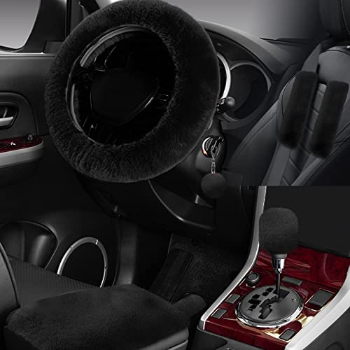 Wazzh 7PCS Set car Interior Aesthetic Accessories, Fluffy 15 inch Steering Wheel Cover, armrest pad, seat Belt Cover,Gear Shift Cover, Fit Girly car Accessories for Women.