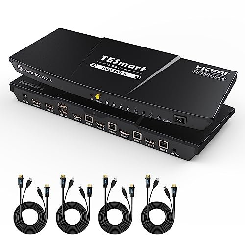 TESmart HDMI KVM Switch 4 Ports, 4K@60Hz 4 PC 1 Monitor Switch, EDID Emulator, USB 2.0 für Printer Scanner, Audio Ausgang, KVM Switches für 4 Computer die Sich 1 Monitor teilen mit 1.5M Kabeln