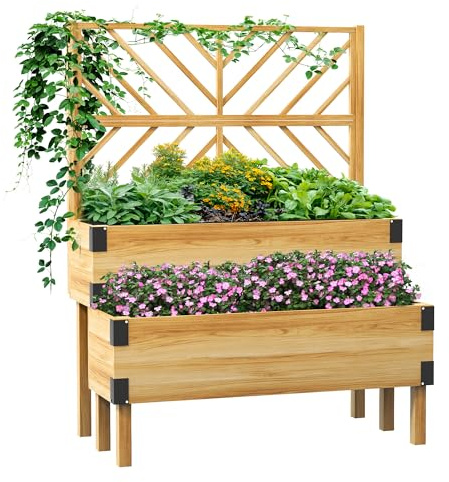 Outsunny Raised Garden Bed with Trellis, 2 Tier Wooden Elevated Planter Box with Legs and Metal Corners for Vegetables, Flowers, Herbs, Natural