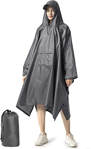 NUUR - Poncho antipioggia da donna, unisex, impermeabile, per festival, riutilizzabile, con cappuccio, per trekking, ciclismo, attività all’aria aperta, multiuso, grigio, Taglia unica