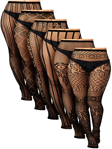 Skylety 6 Pairs Women Fishnet Suspender Pantyhose Thigh-High Stockings Tights Stretchy High for Halloween Party Dress up (Black, X-Large-XX-Large)