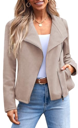 AUTOMET Women‘s Faux Suede Leather Jacket, Cropped Open Front Coat for Fall Winter Spring, Cardigan Style Apricot S