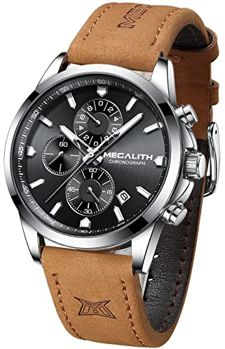 MEGALITH Montre Homme Sport Marron - Etanche Chronographe Montre Analogique Quartz Montre Bracelet Homme Cuir Marron Lumineux Calendrier