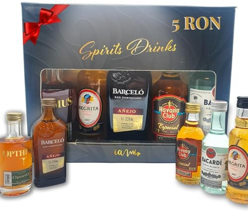 Kit Mini Ron | Caja Regalo con 5 Mini Botellas: Negrita, Barceló,HavanaClub,Bacardi y Opthimus | Perfecto como Regalo Original | Pack Ron 5 x 5cl