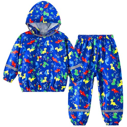 Domueay Regndräkt barn flickor pojkar vattentät regnjacka och regnbyxor andas lätt regnkläder huva tvådelad regndräkt unisex regnset för småbarn baby 1–7 år, 86–122, Marinblå, 2-3 År