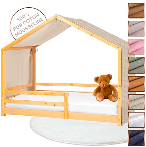 Lovely Hippo Tenda Letto Bambini 100% Cotone - Tenda Letto Montessori per Letto Bambini 80x160 e 90x190cm - Modelo 2 (Fogliame Beige, 97 x 402 cm)