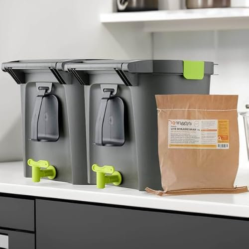 Wiggly Wigglers 14 Litre Bokashi Bin Indoor Composter Bucket Starter Kit Composting Bins With Odourless Air-tight Lid & Bokashi Bran (2 Grey Compost Bin With 1 Kg Bokashi Bran)