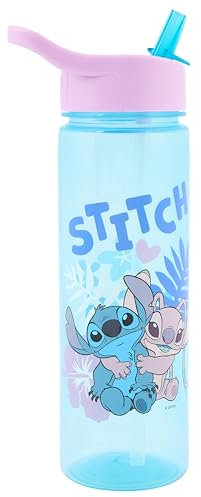 Disney Stitch Water Bottle Flip Up Straw 600ml – Official Merchandise by Polar Gear – Kids Reusable Non Spill - BPA Free - Ideal For School Nursery Sports Picnic
