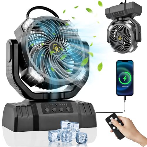 Ventilateur Portable de Camping 10000mAh, 3-1 Ventilateur Rechargeable Silencieux 4 Vitesses, Ventilateurs USB avec Lumière LED/Télécommande/Crochet/270 °Réglables, Pour Camping, les Voyages, Plage