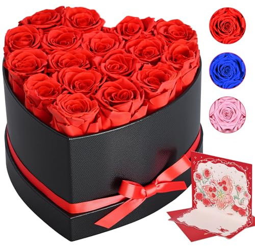 Livofloral Rosenbox, 17 Konservierte Rose Ewige Rose, Infinity Rosen Geschenke für Mutter Geburtstagsgeschenke Valentinstag Weihnachten Hochzeitstag, Herz Box für Freundin Frauen Oma, Rote