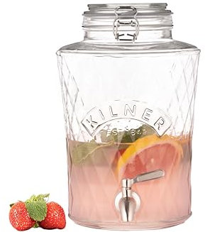 Kilner Diamond - Dispensador de bebidas de cristal de 5 litros con grifo de acero inoxidable, tapa hermética con clip y sello de silicona, ideal para zumos, cócteles y bebidas infundidas