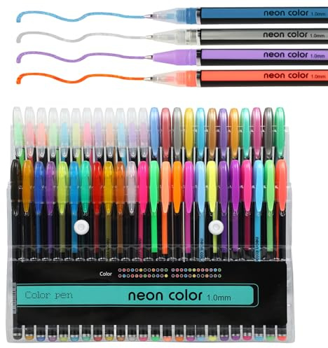RMIVEGLIA Set da 48 Penne Gel Colorate - 12 Metallizzate, 12 Glitterate, 12 Neon, 12 Acquerello - Ideale per Disegno e Scrittura