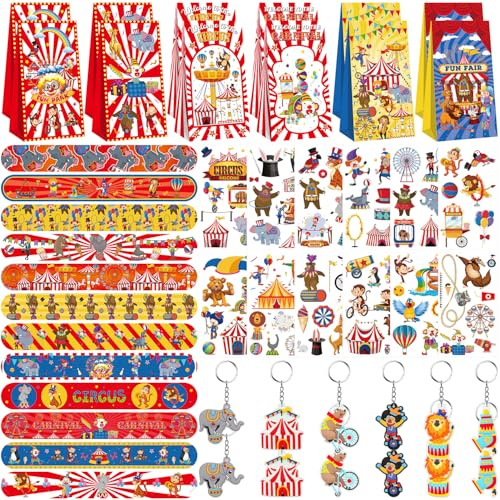 LSJDEER Sacchetti per bomboniere da circo, 12 braccialetti schiaffi, 12 sacchetti per feste di carnevale, 12 adesivi per tatuaggi, 12 portachiavi di carnevale per feste di compleanno a tema circo