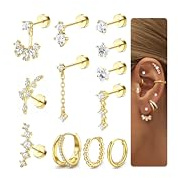 12Pcs Helix Piercing Jewellery Surgical Steel Flat Back Earrings for Women Hypoallergenic Tragus Cartilage Earrings Set Helix Hoop Studs Gold Conch Daith Tragus Piercing Jewellery 16G