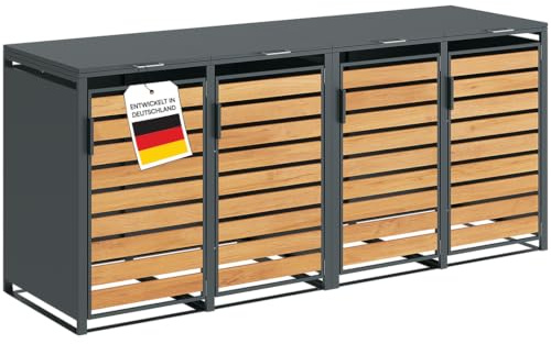 STEELSØN Kestra Mülltonnenbox 4er bis 240L – Mülltonnenverkleidung aus Stahl mit Sichtstreifen in Holzoptik – hochwertige Müllcontainer für 4 Tonnen – Müllbox in Anthrazit – Gerätebox wetterfest