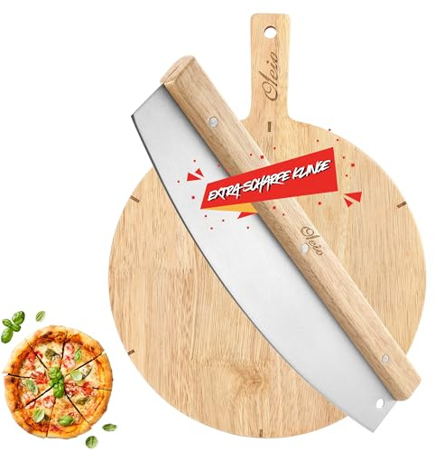Oleio Pizzaschneider + Pizzabrett Set I Wiegemesser aus rostfreiem Edelstahl mit extra scharfer Klinge & stabilem Holzgriff I Rundes Pizzaschneidebrett 30 cm mit Schnittmarkierungen Pizza Servierbrett