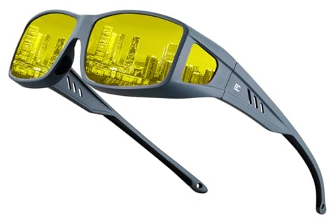 Bircenpro Night Driving Glasses for Men: Anti Glare Polarized Night Vision Glasses Wrap-Around HD Fit Over Goggles for Women Night Use Running