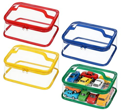 Clear Toy Storage Bags, 4Pcs Colorful PVC Waterproof Toy Organizer with Zip | 24 x 17 x 13 cm Multi-Colour Toy Containers with Handle for Building Blocks Puzzle Small Models Books(4 Colours)