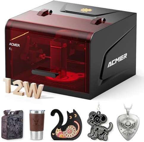 ACMER K1 12W Laser gravurmaschine, Klasse 1 Geschlossener Lasergravur Maschine mit Rauchabzug, 0.01mm Hochpräzise Laser Cutter & Gravur für DIY, Holz, Glas, Leder, Metall und Geschenkherstellung