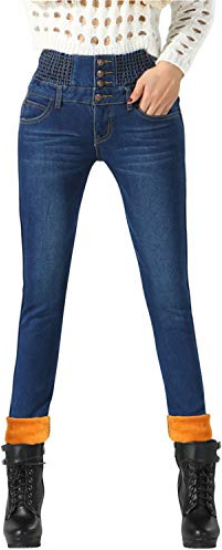 LAEMILIA Pantalon Femme Denim Chaud Hiver Jeans Polaire Pant Thermiques Doublure Epais Jegging Crayon Taille Haute Stretch Fermeture Eclair avec Poches (48, Bleu(Doublure))