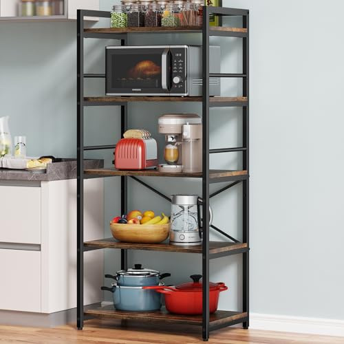 Denkee 5-Tier Bakers Rack for Kitchen with Storage, Industrial Microwave Stand Shelf, Coffee Bar for Small Spaces, Free Standing Kitchen Storage Shelf Rack, 23.7 L x 15.8 W x 60.3 H