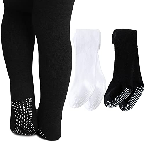 Baby Girl Tights Non Slip Baby Tights 12-24 Months Girl Warm Cotton Leggings Seamless Pantyhose Non-Skid Grip for Toddler 2 Pack (Black, White, M)