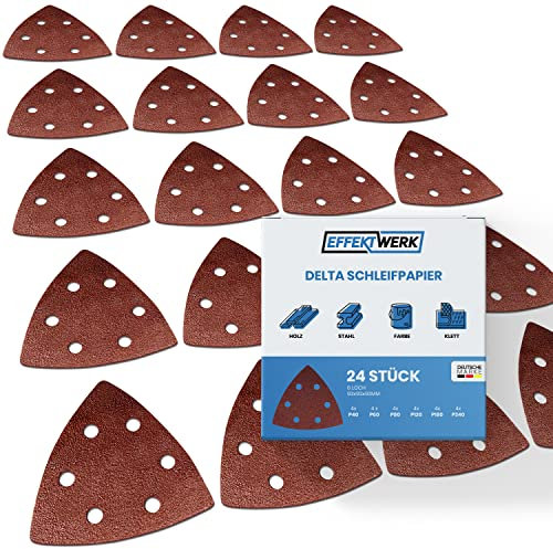Papeles de lija EffektWerk Delta (paquete de 24, 6 agujeros), almohadillas de lijado triangulares de 93 x 93 x 93 mm para lijadoras de ratón, tamaños de grano múltiple (40, 60, 80, 120, 180, 240)