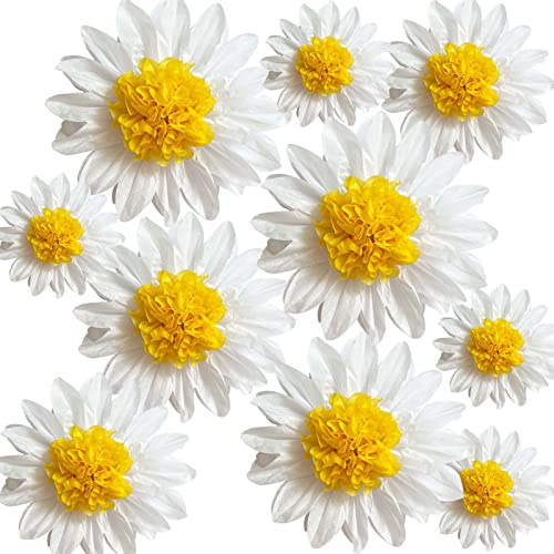 ANSOMO, Pompon di carta velina a forma di margherita, decorazioni per feste, fiori bianchi e gialli, da appendere alla parete, per 1° compleanno, addio al nubilato, baby shower, matrimoni, decorazioni