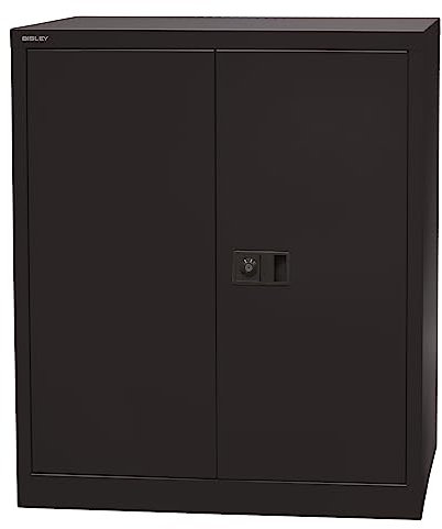 BISLEY Universal Flügeltürenschrank abschließbar - Stahlschrank mit 3-Punkt-Schloss & Flügeltüren - Aktenschrank aus Metall mit 1 Fachboden für 2 Ordnerhöhen - Farbe: schwarz