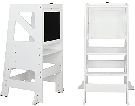 LEADZM Tour d'Observation Montessori dès 18 Mois - 2-en-1 Pliable avec Tableau Noir et Réglage de Hauteur | Sécurité Anti-Bascule & Design en Bois Robuste pour Cuisine, Salle de Bain et Espace Enfant