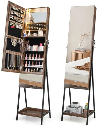 GOPLUS Armoire à Bijoux sur Pied, Armoire à Bijoux Verrouillable avec Lumières LED 3 Couleurs, Miroir Pleine Longueur, Tiroir, Étagère Pliable, 166CM Organisateur de Bijoux (Marron)
