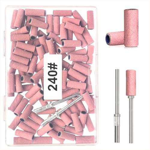 BLESWIN - 100 bandas de lijado pequeñas para broca de lima de uñas, de grano fino 240 con 2 brocas de 3 mm, bandas de lijado de grano mini con pulido para uñas naturales y limpieza de cutículas para