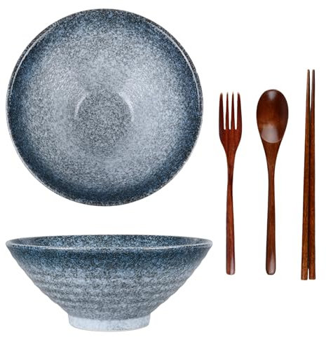 Ensemble de bols à ramen japonais de 20,3 cm en céramique avec cuillère en bois et baguettes, parfaits pour salade, pâtes, céréales, micro-ondes