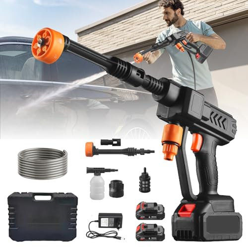 Nettoyeur Haute Pression Portable,Nettoyeur Haute Pression sans Fil 100 Bar,avec 2 Batteries, 48 V,buse Multifonction,Tuyau de 5 m pour Lavage de Voitures,Fenêtres