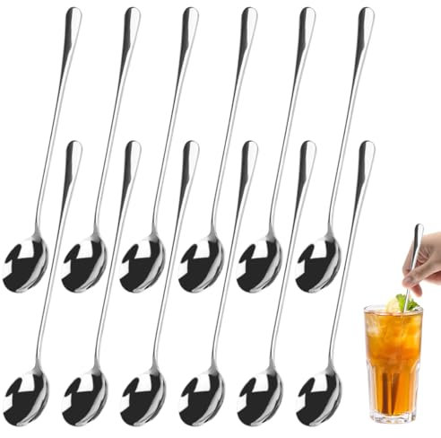 12 Pezzi Cucchiaio a Manico Lungo, 19 cm Cucchiaini Lunghi Acciaio Inox, Cucchiai da long Drink, Cucchiai Lunghi per Latte Macchiato, Cucchiaino Per tè Freddo, Cucchiaio Per Gelato Mescolare Cocktail