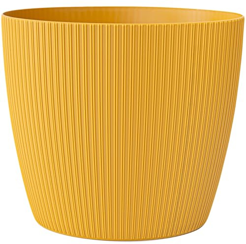 KONZEPT Macetero grande, amarillo, estructura acanalada, 30 cm, maceta para plantas de interior de plástico, ideal para salón, cocina y balcón
