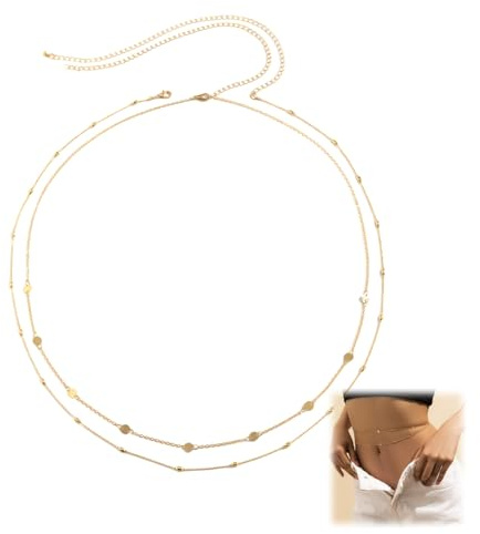 2PCS Gold Waist Chain,Women's Belly Chain,Gold Waist Chain for Women,Gold Plated Layered Belly Chain Adjustable,Go-ld Body Ch-ain,Go-ld Belly Chain,Fashion Ch-ain Be-lts,Swimsuit Jewelry for Women