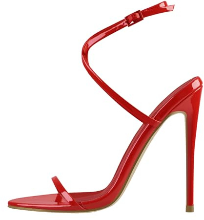 Meinabsatz Damen Stiletto Rote Sandaletten Riemchen Sandalen High Heels mit Runden Offenen Zehen Slingback Lack Sommerschuhe 44 EU