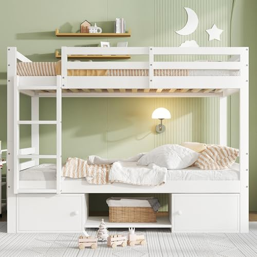 Mielvu Letto a castello per bambini, lettino con scarpiera e armadietti, letto suddiviso in 2 letti singoli, letto singolo, bianco, 90 x 200 cm.