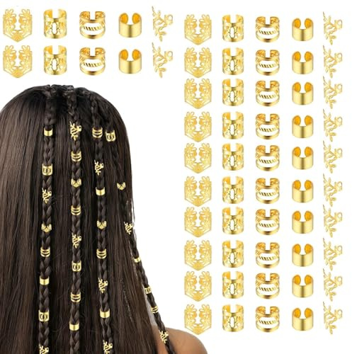 80 Stück Gold Haarschmuck für Zöpfe, Haarriegel, Loc-Schmuck für Haare, Dreadlock-Zubehör, Haaraccessoires, verstellbare Haarringe, Dekorationen für Frauen und Mädchen (Gold)