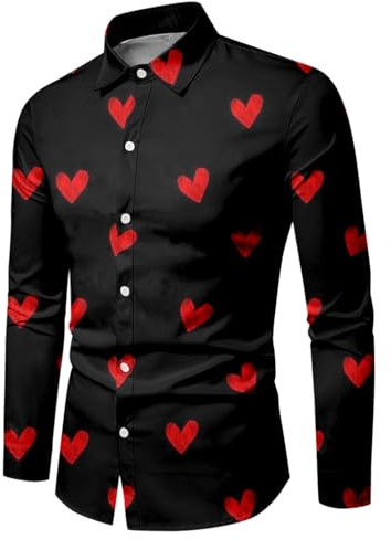 YOSUWOAI Camisas de hombre de manga larga para San Valentín, camisas 3D con estampado de corazón, camisa hawaiana ajustada, camisa hawaiana, camisa de ocio, sin planchado, camisa de manga larga, corte