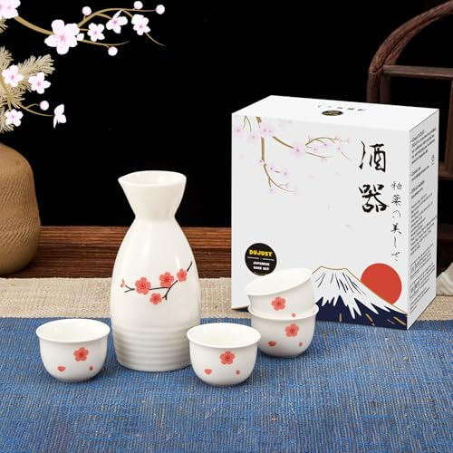 DUJUST Set di Sake Giapponese 5 pz, Design Sakura Tradizionale, 1 caraffa + 4 Tazze, Bianco – Perfetto per casa/Festa, Regalo per Amanti del Sake