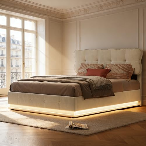 Lit double 140 x 190 cm, avec espace de rangement hydraulique, rembourré, avec éclairage LED, lit fonctionnel, lit pour adolescent, tête de lit matelassée, cadre de lit à sommier tapissier avec